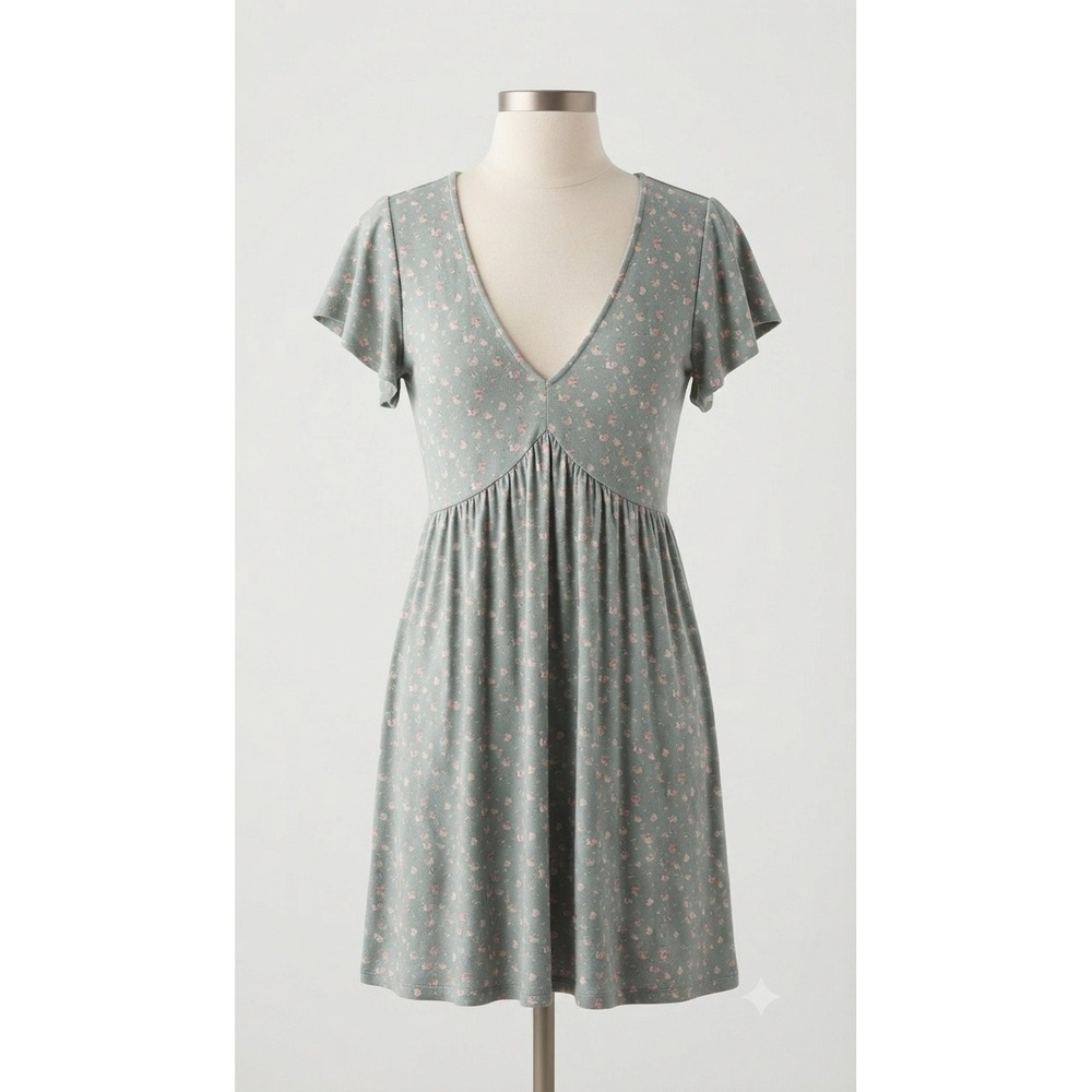 Aeropostale Women Sage Floral VNeck Empire Waist Flutter Sleeve Mini Dress small